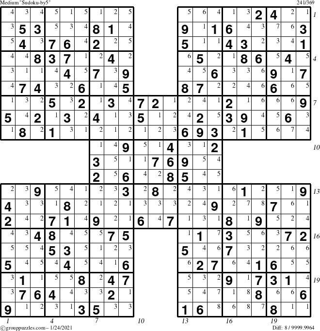 The grouppuzzles.com Medium Sudoku-by5 puzzle for Sunday January 24, 2021 with all 8 steps marked