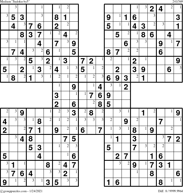 The grouppuzzles.com Medium Sudoku-by5 puzzle for Sunday January 24, 2021 with the first 3 steps marked