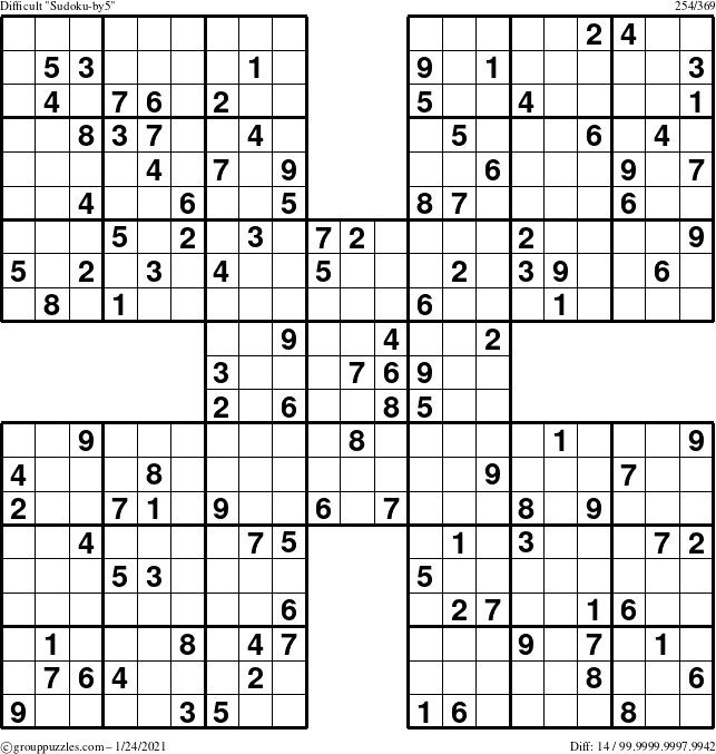 The grouppuzzles.com Difficult Sudoku-by5 puzzle for Sunday January 24, 2021