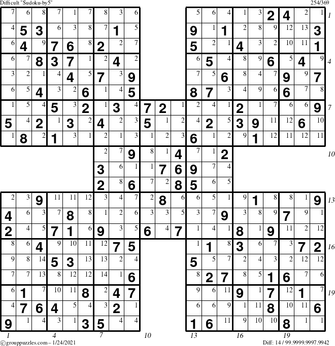 The grouppuzzles.com Difficult Sudoku-by5 puzzle for Sunday January 24, 2021 with all 14 steps marked