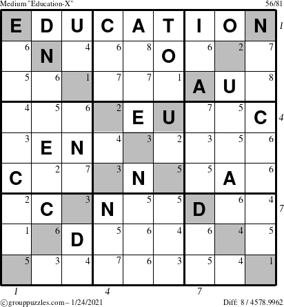 The grouppuzzles.com Medium Education-X puzzle for Sunday January 24, 2021, suitable for printing, with all 8 steps marked