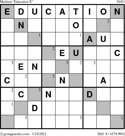 The grouppuzzles.com Medium Education-X puzzle for Sunday January 24, 2021 with the first 3 steps marked