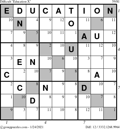 The grouppuzzles.com Difficult Education-X puzzle for Sunday January 24, 2021 with all 12 steps marked