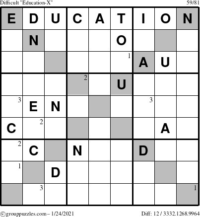 The grouppuzzles.com Difficult Education-X puzzle for Sunday January 24, 2021 with the first 3 steps marked