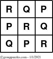 The grouppuzzles.com Answer grid for the TicTac-PQR puzzle for Friday January 1, 2021