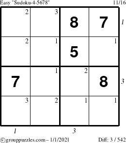 The grouppuzzles.com Easy Sudoku-4-5678 puzzle for Friday January 1, 2021, suitable for printing, with all 3 steps marked