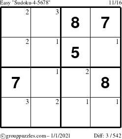 The grouppuzzles.com Easy Sudoku-4-5678 puzzle for Friday January 1, 2021 with the first 3 steps marked