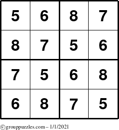 The grouppuzzles.com Answer grid for the Sudoku-4-5678 puzzle for Friday January 1, 2021