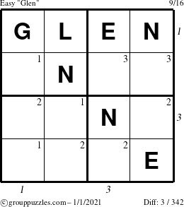 The grouppuzzles.com Easy Glen puzzle for Friday January 1, 2021 with all 3 steps marked