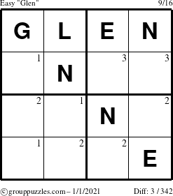 The grouppuzzles.com Easy Glen puzzle for Friday January 1, 2021 with the first 3 steps marked