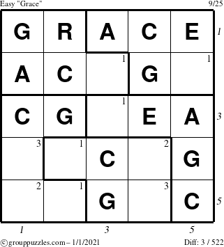 The grouppuzzles.com Easy Grace puzzle for Friday January 1, 2021 with all 3 steps marked