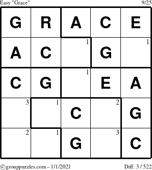 The grouppuzzles.com Easy Grace puzzle for Friday January 1, 2021 with the first 3 steps marked