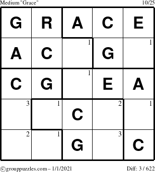 The grouppuzzles.com Medium Grace puzzle for Friday January 1, 2021 with the first 3 steps marked