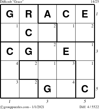 The grouppuzzles.com Difficult Grace puzzle for Friday January 1, 2021, suitable for printing, with all 4 steps marked