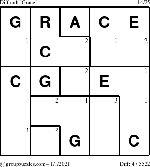 The grouppuzzles.com Difficult Grace puzzle for Friday January 1, 2021 with the first 3 steps marked