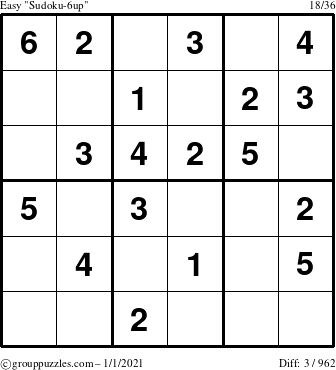 The grouppuzzles.com Easy Sudoku-6up puzzle for Friday January 1, 2021