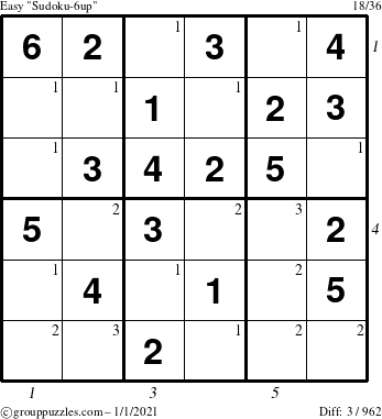 The grouppuzzles.com Easy Sudoku-6up puzzle for Friday January 1, 2021 with all 3 steps marked