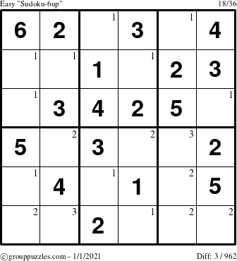 The grouppuzzles.com Easy Sudoku-6up puzzle for Friday January 1, 2021 with the first 3 steps marked