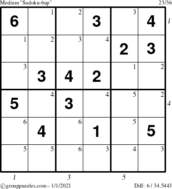 The grouppuzzles.com Medium Sudoku-6up puzzle for Friday January 1, 2021 with all 6 steps marked