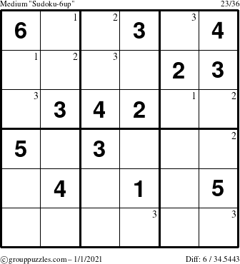 The grouppuzzles.com Medium Sudoku-6up puzzle for Friday January 1, 2021 with the first 3 steps marked