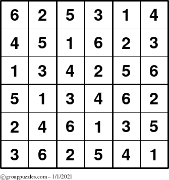 The grouppuzzles.com Answer grid for the Sudoku-6up puzzle for Friday January 1, 2021