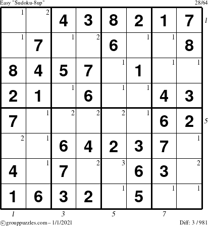 The grouppuzzles.com Easy Sudoku-8up puzzle for Friday January 1, 2021 with all 3 steps marked