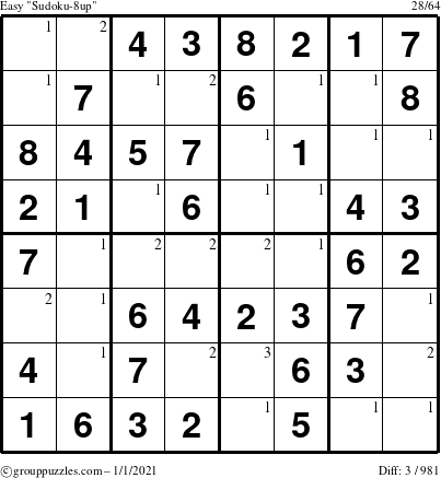 The grouppuzzles.com Easy Sudoku-8up puzzle for Friday January 1, 2021 with the first 3 steps marked