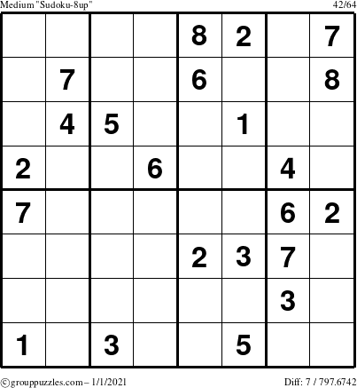 The grouppuzzles.com Medium Sudoku-8up puzzle for Friday January 1, 2021