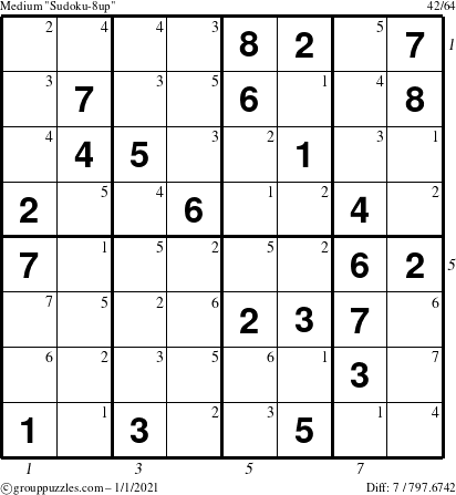 The grouppuzzles.com Medium Sudoku-8up puzzle for Friday January 1, 2021 with all 7 steps marked