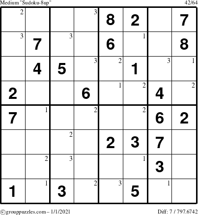 The grouppuzzles.com Medium Sudoku-8up puzzle for Friday January 1, 2021 with the first 3 steps marked