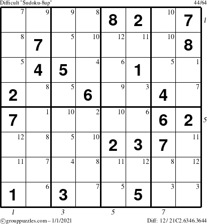 The grouppuzzles.com Difficult Sudoku-8up puzzle for Friday January 1, 2021 with all 12 steps marked