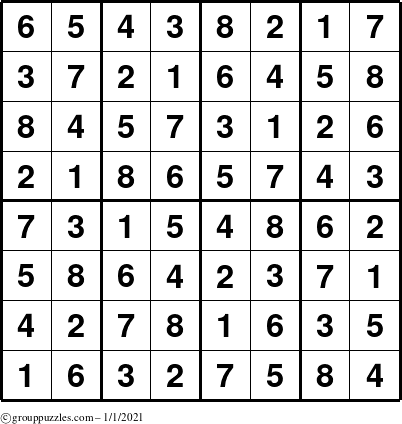 The grouppuzzles.com Answer grid for the Sudoku-8up puzzle for Friday January 1, 2021