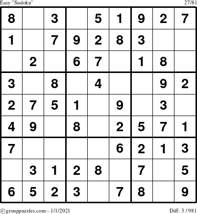 The grouppuzzles.com Easy Sudoku puzzle for Friday January 1, 2021