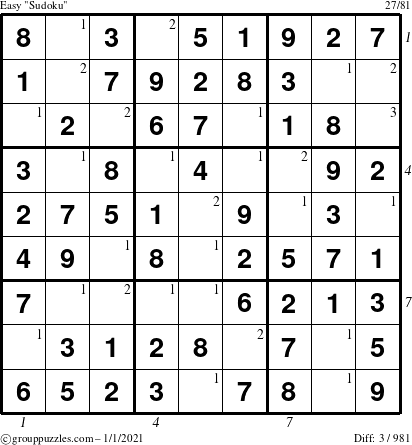 The grouppuzzles.com Easy Sudoku puzzle for Friday January 1, 2021 with all 3 steps marked