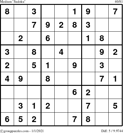 The grouppuzzles.com Medium Sudoku puzzle for Friday January 1, 2021