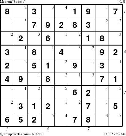 The grouppuzzles.com Medium Sudoku puzzle for Friday January 1, 2021 with all 5 steps marked