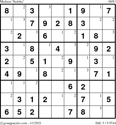 The grouppuzzles.com Medium Sudoku puzzle for Friday January 1, 2021 with the first 3 steps marked