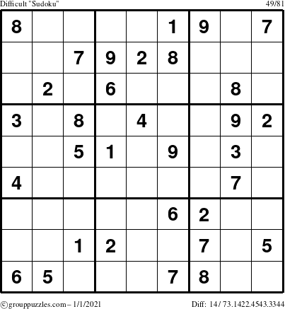 The grouppuzzles.com Difficult Sudoku puzzle for Friday January 1, 2021