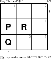 The grouppuzzles.com Easy TicTac-PQR puzzle for Friday January 1, 2021 with all 2 steps marked