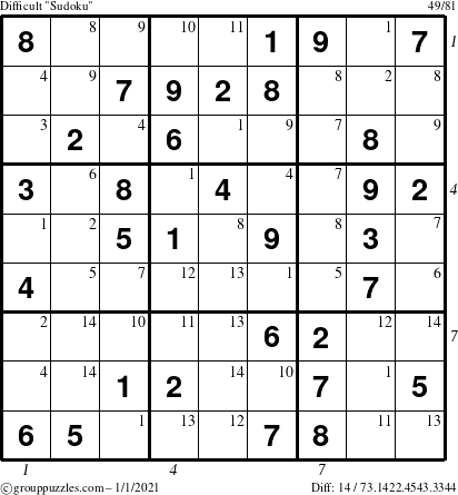 The grouppuzzles.com Difficult Sudoku puzzle for Friday January 1, 2021, suitable for printing, with all 14 steps marked