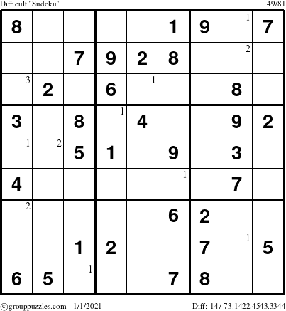 The grouppuzzles.com Difficult Sudoku puzzle for Friday January 1, 2021 with the first 3 steps marked