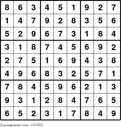 The grouppuzzles.com Answer grid for the Sudoku puzzle for Friday January 1, 2021