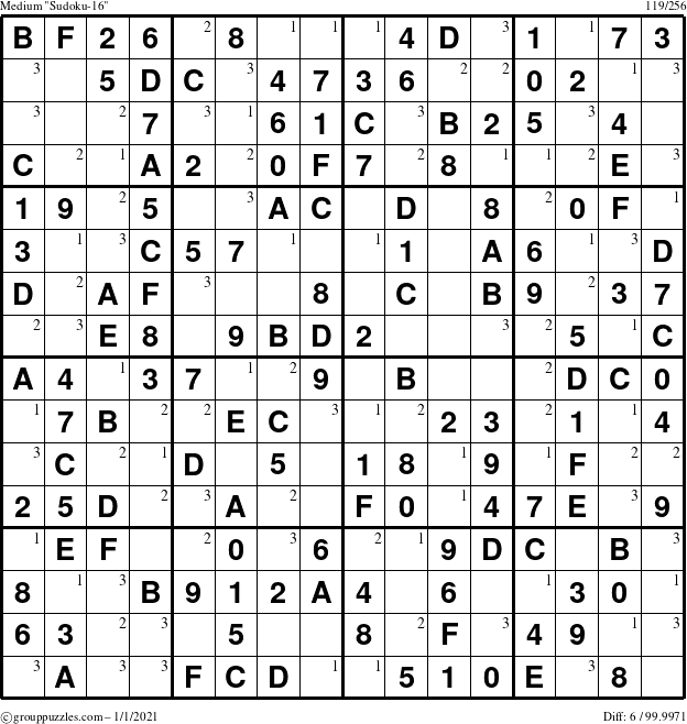 The grouppuzzles.com Medium Sudoku-16 puzzle for Friday January 1, 2021 with the first 3 steps marked