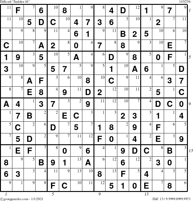 The grouppuzzles.com Difficult Sudoku-16 puzzle for Friday January 1, 2021 with all 13 steps marked