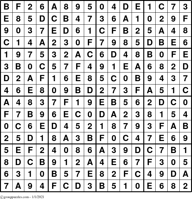 The grouppuzzles.com Answer grid for the Sudoku-16 puzzle for Friday January 1, 2021