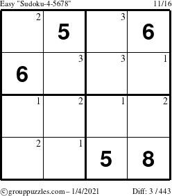 The grouppuzzles.com Easy Sudoku-4-5678 puzzle for Monday January 4, 2021 with the first 3 steps marked
