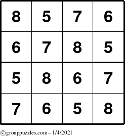 The grouppuzzles.com Answer grid for the Sudoku-4-5678 puzzle for Monday January 4, 2021