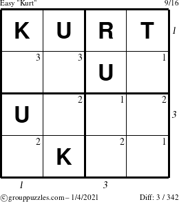 The grouppuzzles.com Easy Kurt puzzle for Monday January 4, 2021 with all 3 steps marked