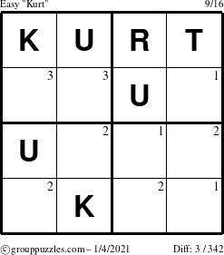 The grouppuzzles.com Easy Kurt puzzle for Monday January 4, 2021 with the first 3 steps marked