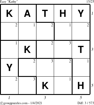 The grouppuzzles.com Easy Kathy puzzle for Monday January 4, 2021 with all 3 steps marked